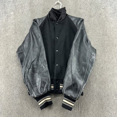 VINTAGE Varsity Jackets Mens Medium? Black T Snap Leather Wool Bomber Coat 90s