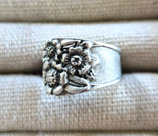 Spoon Ring Flower Patterned Adjustable Ring Antique Silver Plated Brass Size 8