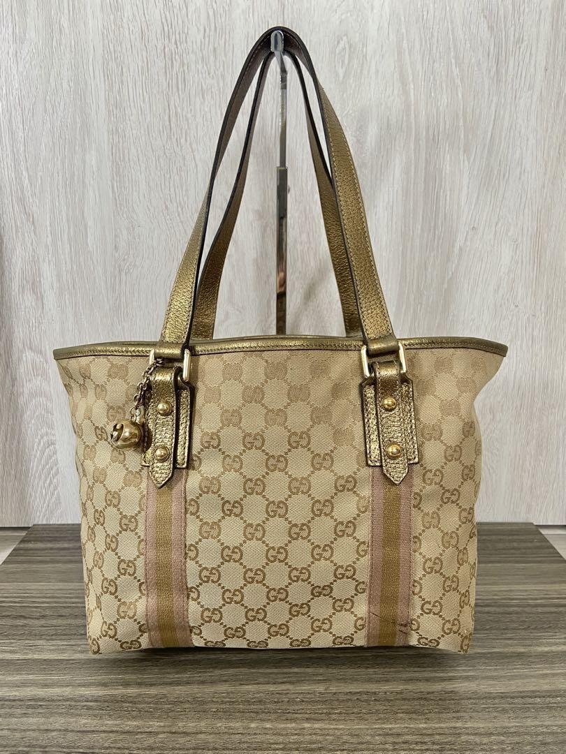 GUCCI GG Sherry Line Tote Bag in Canvas with Leather Charm Gold Accents
