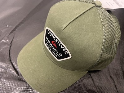 QUIKSILVER Green Trapazoid Red Patch Logo Trucker Mesh Hat Cap Snapback Brim NEW