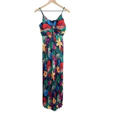 Skies Are Blue Tropical Floral Print Pleated Maxi Sun Dress Blue Green Small