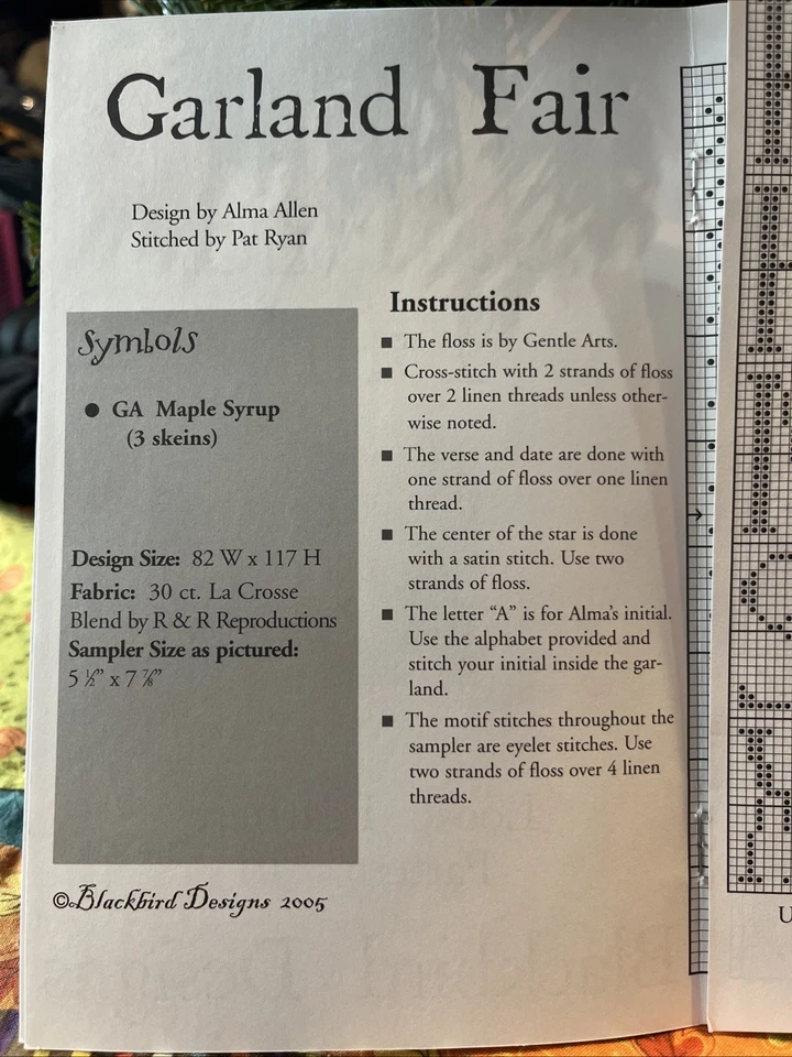 Blackbird Designs Cross Stitch Pattern #16 GARLAND FAIR and Fabric - Image 3 of 4