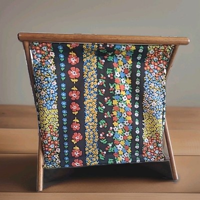 ''Vintage 1970s Folding Knitting Basket Wood Frame Retro Floral Sewing Caddy Yarn