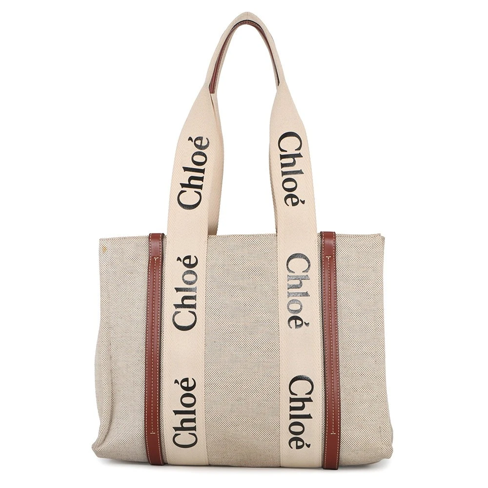 Chloe — Chloe Woody Tote Bag Canvas/Calf Leather White/Brown CHC22AS383I2690U