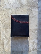 Rawlings Black Leather Baseball Stitch Bifold Wallet Red Stitch Genuine Leather