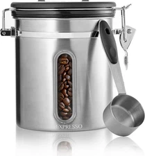 Mixpresso 16 Oz Coffee Canister with Window, Stainless Steel Airtight Coffee Con