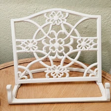 Read Cookbook Holder White Enameled Cast Iron Tablet Stand Floral Farmhouse 