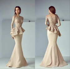Peplum Mermaid Mother of the Bride Dresses Neck Long Sleeve Evening Formal Gowns