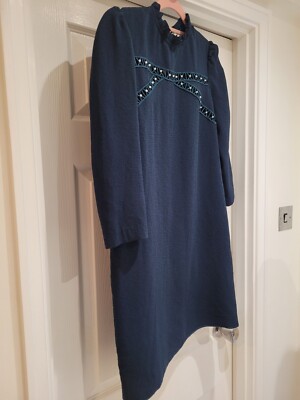 Sandro Paris 38 Uk 10 Green Long Sleeve Crepe Shift Dress Ruffle Neck Cut Out...