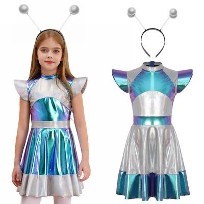 UK Girls Alien Costume Shiny Color Block Robot Astronaut Dress with Hair Hoop
