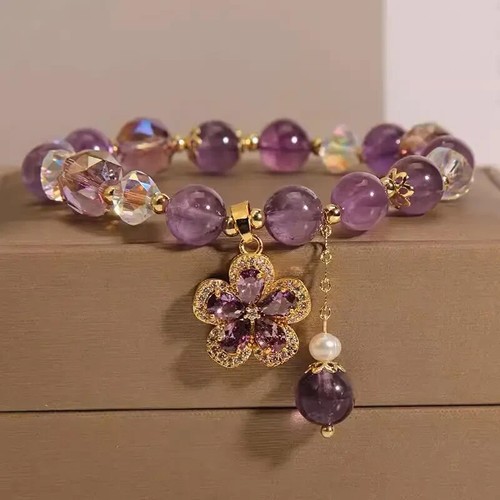 Natural Amethyst Feminine Zirconia Flower Charm Bead Stretch Bracelet Handmade