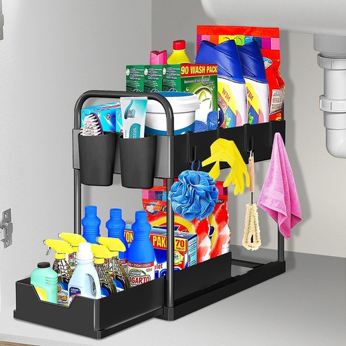 2 Ebenen Küchenregal Unterschrank Regal Spülschrankregal Organizer mit Schublade - Bild 4 von 20