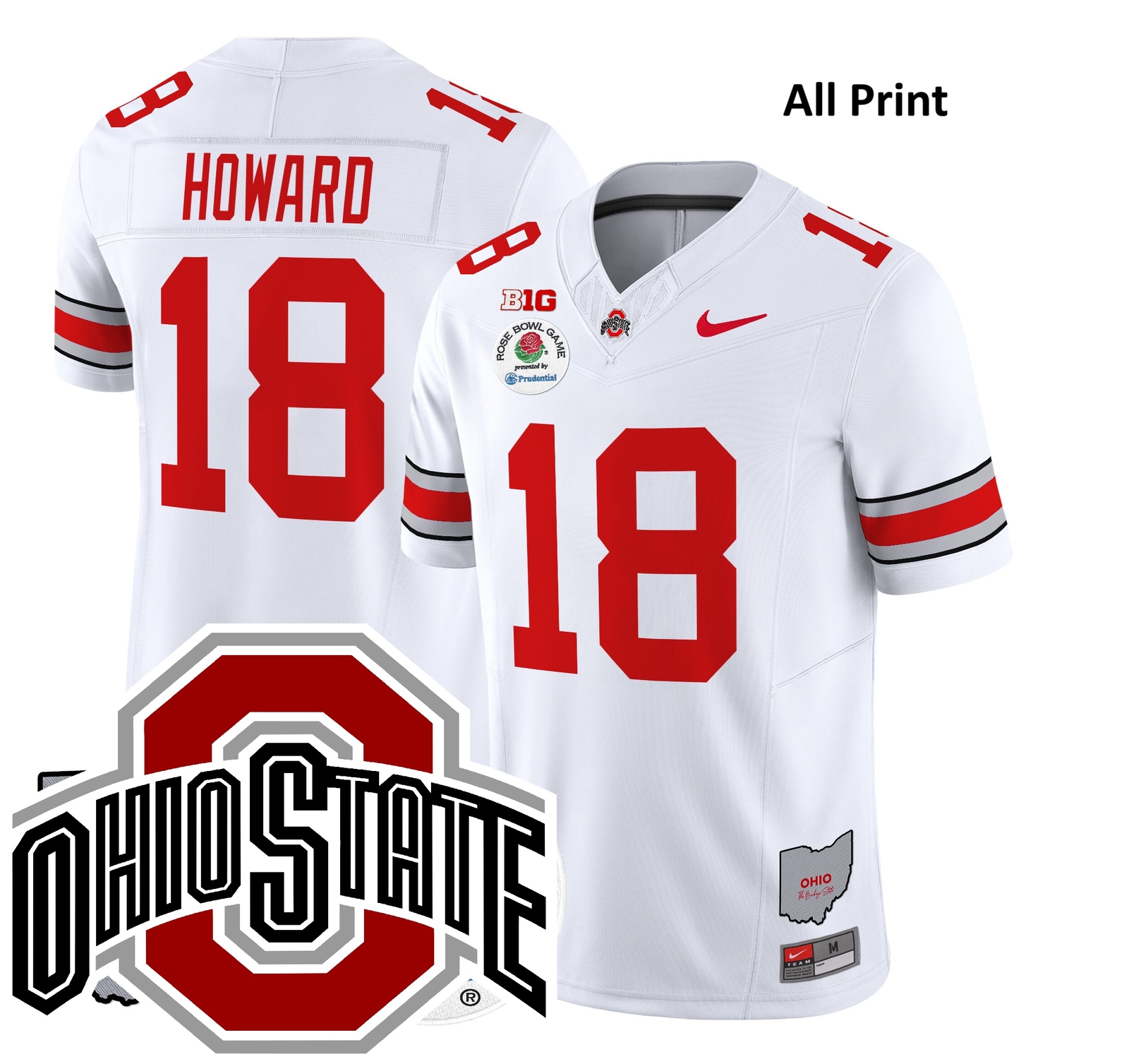 Men’s Ohio State Buckeyes #18 WillxHoward RosexBowl Jersey-All Print