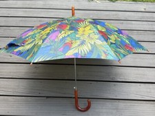 Vintage Multicolor Parrot Tropical Leaves Umbrella With Lucite Handle/Tip READ