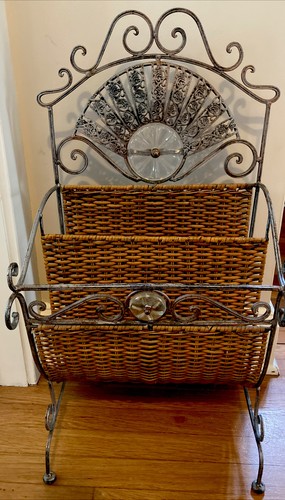 Lovely Rare Vintage Victorian Iron, Wicker & Glass Magazine Rack W/ Filigree - Picture 4 of 11