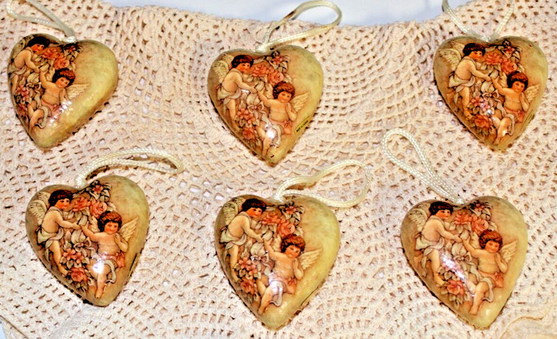 6 Pc Vintage Papier Mache Angel Heart Christmas Ornament MCM Retro Rose Floral