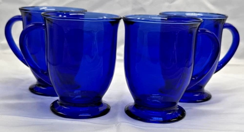 Vintage Set Of 4 Anchor Hocking Cafe Line Cobalt Blue Coffee Mugs Footed Handle