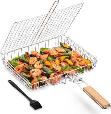 - Grill Basket with Wooden Handle, Stainless Steel, Heavy Duty Fish Grill Basket