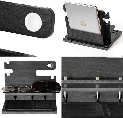 Station d'accueil pour téléphone en bois noir pour jusqu'à 3 téléphones - Organisateur de table de chevet, Noir - Photo 9 sur 11