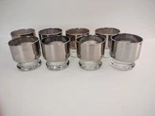 Vintage MCM Wide Silver Band Whiskey/ Lowball Glasses Set of 8 Stackable