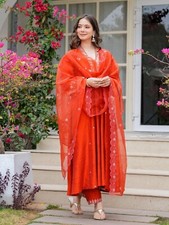 PV Chanderi Kurti Pant Dupatta Set Indian Pakistani Wedding Wear Salwar Suit