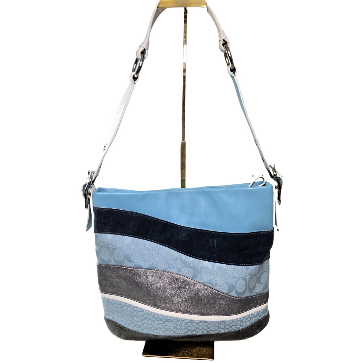 バッグ Coach Hobo Signature Blue Bag Coach Vintage Signature Wave Duffle Patchwork Hobo Bag – Blue