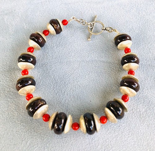 Bracelet Big Beautiful Garnets & Coral Beads Sterling Silver Size 7-1/2”
