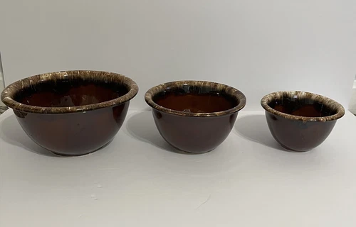 Set Of 3 Vintage Hull Pottery USA Oven Proof Brown Drip Mixing Bowls