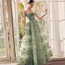 Fashion 3D Flowers Sequined Evening Dresses Elegant Strapless A-Line Prom Gowns