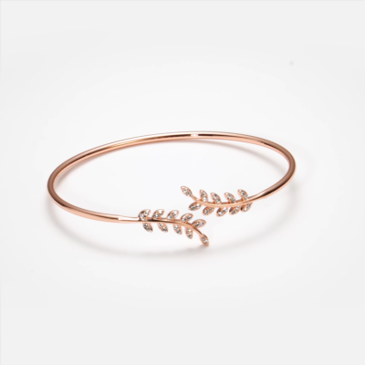 Rose Gold Plated Leaf Bangle Created with Zircondia® Crystals by