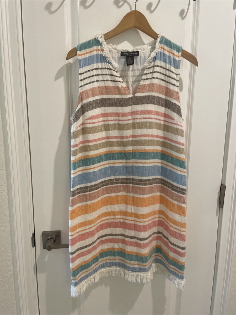 chelsea and theodore cotton dress Chelsea & Theodore Fringe Hem Striped Cotton Dress Woman's Size 8