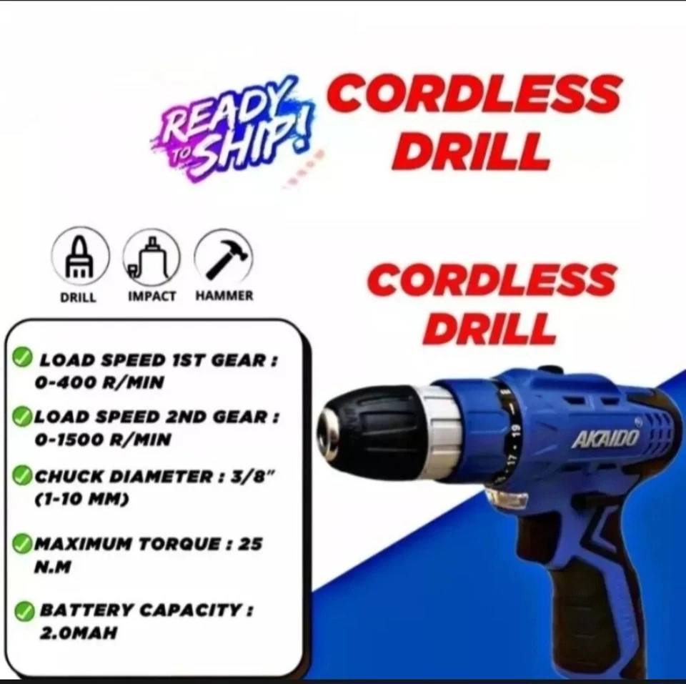 "AKAIDO" 12V 25N.m Torque Cordless Drill AK12EC - 2 Speed With 3 pcs X 12V 2.0Ah - Image 2 of 4