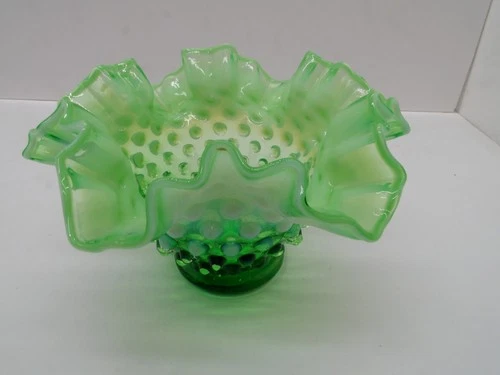 Vintage Fenton Glass Hobnail Ruffled Rose Bowl Green