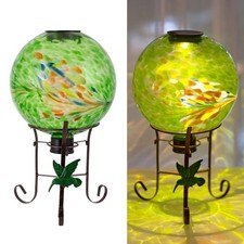 10 Inch Solar Glass Gazing Ball, with 9.4" Tall Metal Gazing Green Artistic