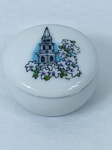 Vintage Ring/Trinket Box 1.25”D x .75”T - Church Steeple & Easter Lilies - Picture 1 of 5