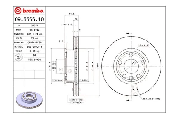 For Volkswagen EuroVan 93-95 Brembo Replacement Plain Vented Front Brake Rotor - Imagem 2 de 4