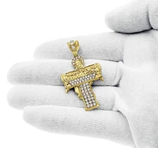Last Supper Jesus Cross Pendant 10K Yellow Gold CZ Religious Charm 1.9 inch