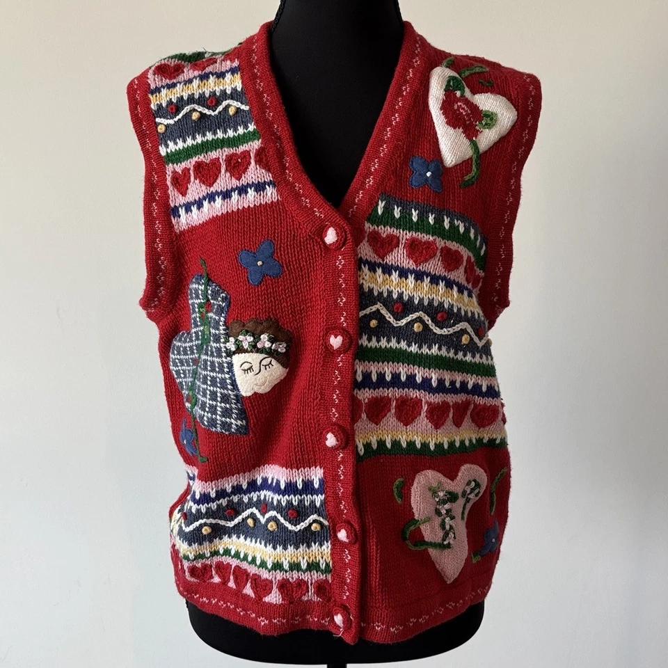 De Colección Karen Scott Rojo Suéter Chaleco Grueso Isla Justa Corazones Flores Talla M Vacaciones Foto 4 de 4