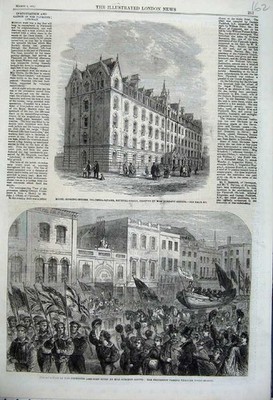 Original alter antiker Druck Unterkunft Häuser Bethnal Green 1862 Plymouth Rettungsboot