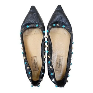 VALENTINO Rolling Rockstud Black Leather Studded Turquoise Ballet Flats Sz 37