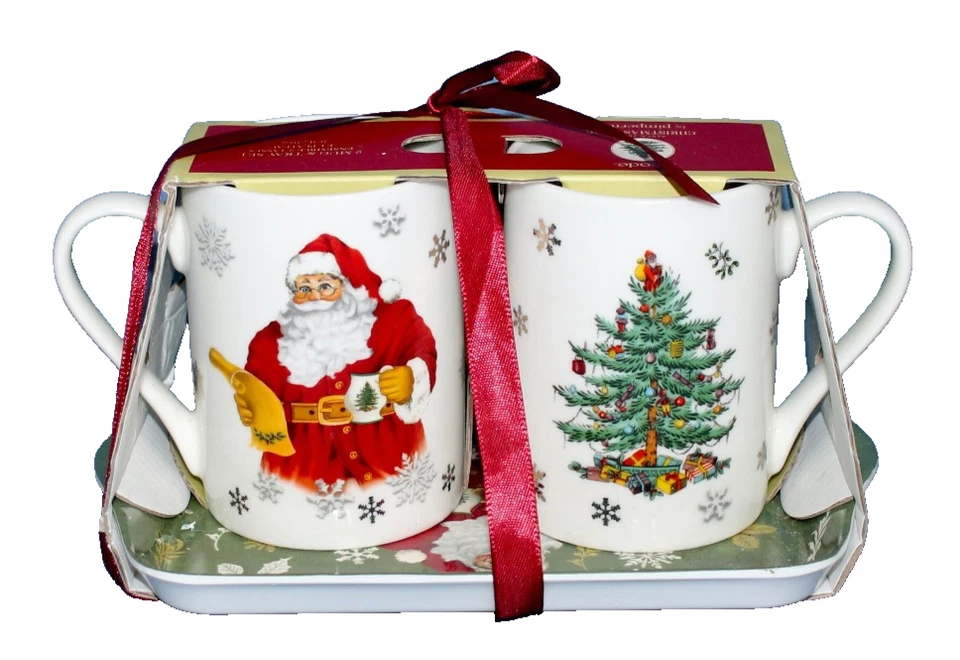 SPODE Christmas Tree 2 Mug & Cookie Tray Set Red White Green Porcelain - Image 2 of 4
