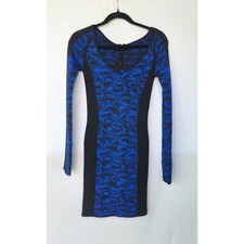 Blue Black Bodycon Mini Dress Long Sleeve Textured Animal Print Stretch Clubwear