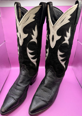 Vintage Dan Post Black White Suede Leather Cowboy Boots 6.5 M USA Made W 7.5