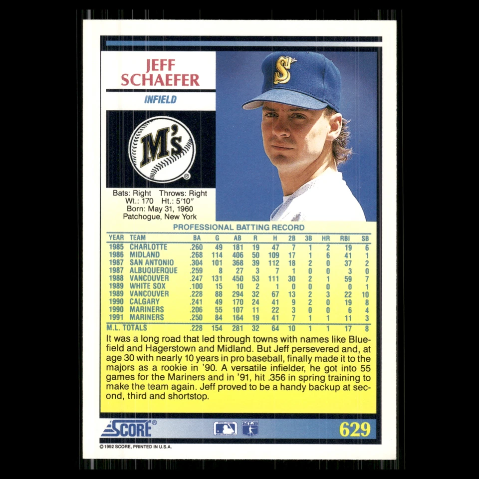 Jeff Schaefer #629 1992 Score Seattle Mariners Baseball Card MLB - Image 2 of 3