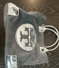 Tory Burch Block T Large Tote Gray Felt Metallic Silver Leather Logo Bag
