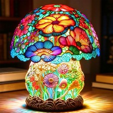 Vintage Table Lamp Stained Glass Resin Mushroom Plant Flower Bedroom Decoration