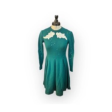 60s Teal Wool Knit Fit  Flare Dress Lace Applique Rhinestones Mod Vintage XS
