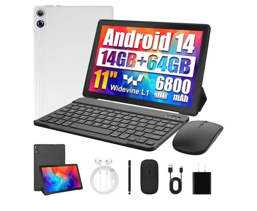 Ainmel Android 14 Tablet, 11 Inch with Octa-Core | 14GB RAM | 6800mAh | White