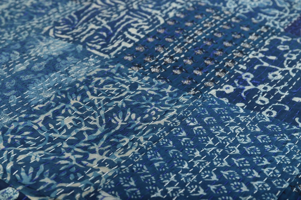 Colcha Kantha India Estampado en Bloque Floral Retazos Colcha Manta Doble Tiro Foto 3 de 4