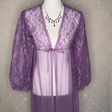 Vintage Purple Floral Lace/Solid Semi Sheer Nylon Dressing Robe Size Medium 36 B